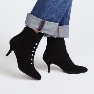 Black Suede Booties with Pearls